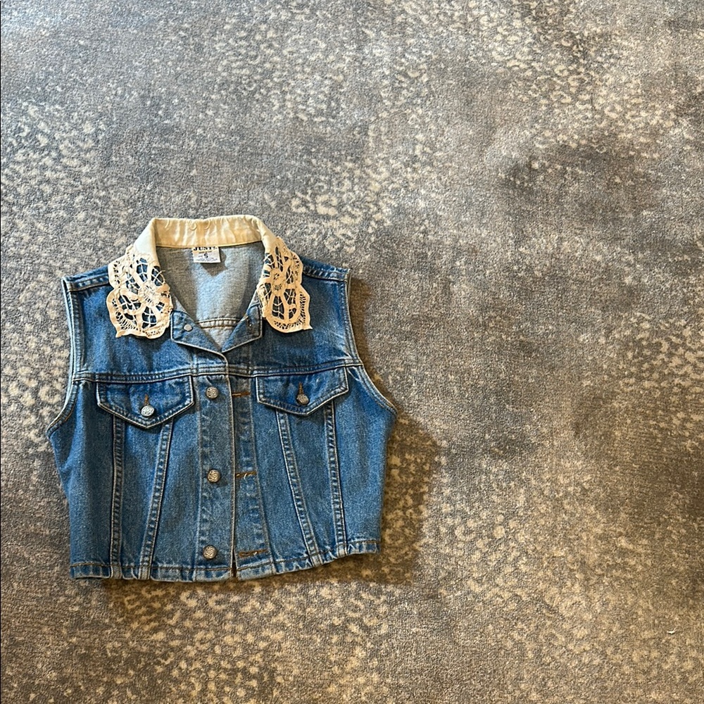 JUST USA Blue Denim Vest with Lace Collar - Picture 2 of 9